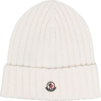 Moncler White Logo wool beanie