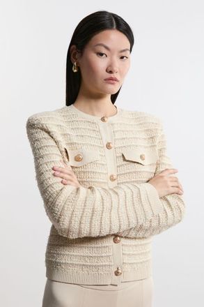 Karen Millen Textured Military Trim Knit Jacket in Cream at Nordstrom, Size X-Small