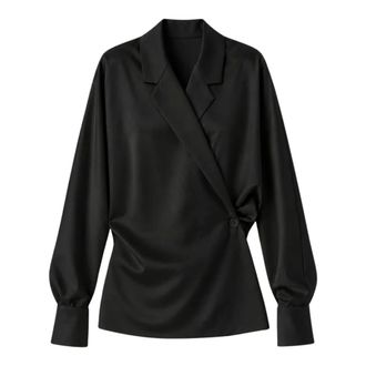 Meimeij Revere-kraag wikkelblouse - Dames - Blouses & Shirts - Zwart - Maat: L Satijn