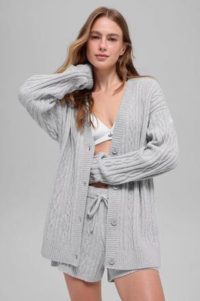 Alo | Cable Knit Winter Bliss Cardigan Sweatshirt in Athletic Heather Grey, Size: Medium