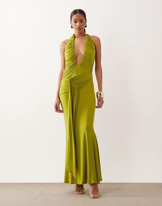 Asos Vestito lungo sinuoso con scollo molto profondo e drappeggio asimmetrico color lime-Verde