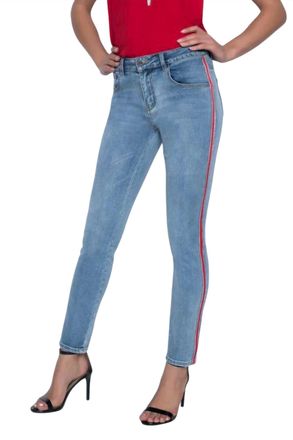 Frank Lyman Design Skinny Jeans With Red Ribbon Side And Rhinestones In Mid Wash
