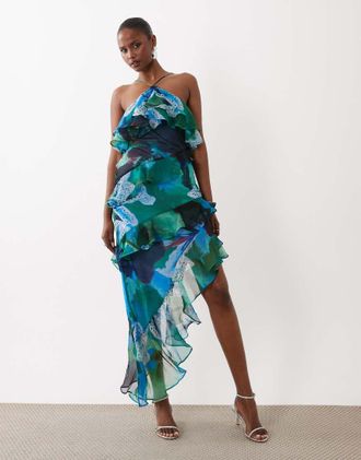 Asos Vestito lungo allacciato al collo con volant blu e verde a fiori-Multi