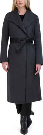 Elie Tahari Womens Double Faced Faux Leather Trimmed Long Wool-Blend Coat