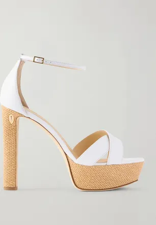 Jennifer Chamandi Sandali Platform In Pelle E Rafia Leo - Bianco