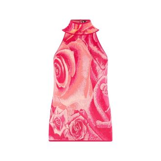 Roberto Cavalli Top met tuinrozenprint - Dames - Tops zonder mouwen - Roze - M - Tops