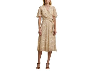 Lauren Ralph Lauren Floral Belted Crinkle Georgette Dress Womens Dress Cream/Tan : 12, Polyester