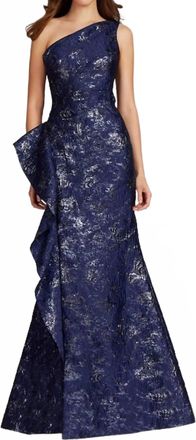 Teri Jon Jacquard One Shoulder Side Ruffle Gown In Navy