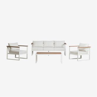 Sklum Sklum - Conjunto De Jard&iacute;n Con Sof&aacute; De 3 Plazas, 2 Sillones Y Mesa De Centro En Aluminio Y Madera De Acacia Lipov
