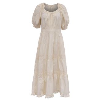 Ulla Johnson Puffed-Sleeve Midi Tiered Dress in Cream Cotton