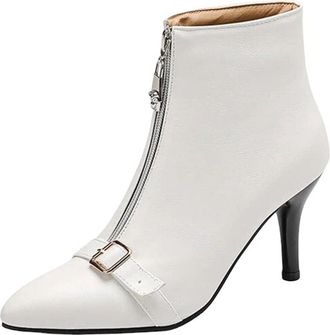 Generic Womens Fashion Ankle Boots Pointed Toe Medium Thin Heel Slip On With Front Zipper And Buckle Decoration Casual Shoes