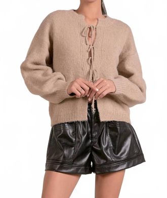 Elan Soft Knit Tie-Front Cardigan In Beige