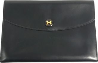 Herm&egrave;s Black Box Calf Leather Clutch Bag Pochette Pouch (Pre-Owned)