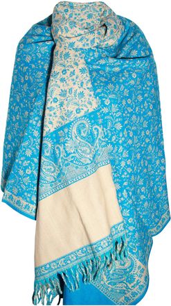 Tibet SKY BLUE BEIGE FLORAL WINTER SCARF SHAWL WRAP PURE YAK WOOL SCARF SHAWL DECORATION WOOL BLANKET UNISEX OVERSIZED DOUBLE SIDED LUXURIOUS WOOL SCARF GIF