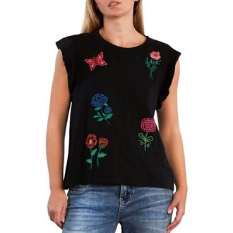 BILLY T Aurora Petal Embroidered Sleeveless T-Shirt in Black Beauty at Nordstrom, Size X-Small