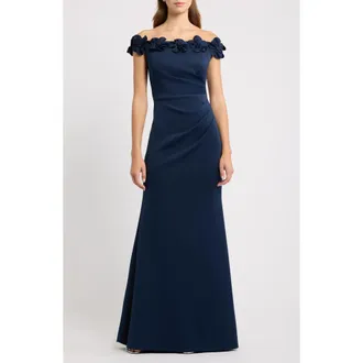 Eliza J 3D Floral Off the Shoulder Gown in Navy at Nordstrom, Size 10