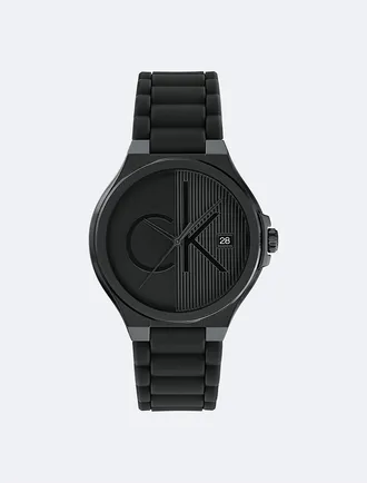 Calvin Klein Mens Textured Monogram Logo Dial Silicone Strap Watch - Black - OS