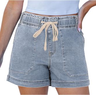 Generic Denim Shorts for Women UK Cotton Casual Drawstring Elasticated Waist Shorts Summer Loose Fit Jeans Pants Sexy Casual Fashion Solid Color Beach Hot Pan