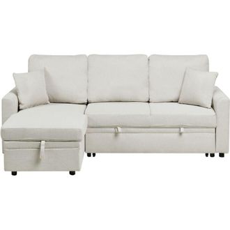 Beliani Beliani - Modern Corner Sofa Bed Right Hand Faux Linen Polyester Upholstery Extra Pillows Storage Light Beige Nassjo