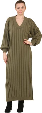 Janisramone Womens Rib Knitted Dress, Long Balloon Sleeve V Neck Maxi Dress, Warm Side Split Dress, Winter Maxi Dresses for Women UK, Casual Long Knitted Jumper D