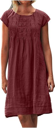 Generic Summer Dresses for Women UK Elegant Flowy Cotton Linen Midi Dress Plus Size Cap Sleeve Pleated Dresses Vacation 2025 Crew Neck Casual Romper Dress wit