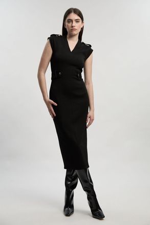 Karen Millen Womens Ponte Trim Belt Detail Midi Pencil Dress - Black viscose - Size X-Small