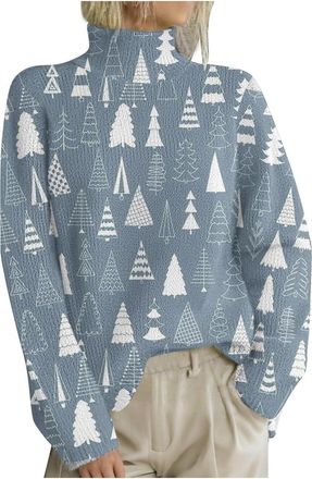Generic Christmas Jumpers for Women UK Casual High Neck Christmas Sweater Fall Winter Elegant Funny Xmas Tree Snowflake Reindeer Printed Chunky Knitted Jumper
