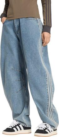 adidas Originals 3-Stripes Barrel Leg Jeans in Worn Blue Denim at Nordstrom, Size 23
