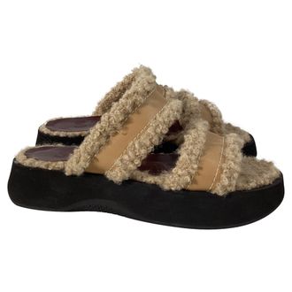 Staud Staud Siesta Shearling Slide Sandals in Brown Leather