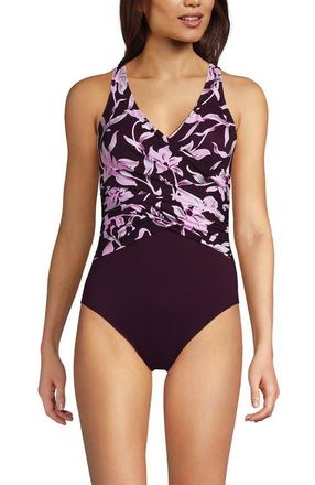 Lands End New SlenderSuit Wrap One Piece Swimsuit in Tropic Floral/dark Wine at Nordstrom, Size 14