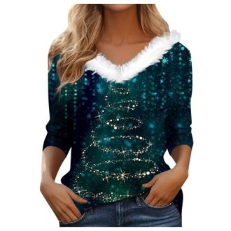 Generic Christmas Jumpers for Women Long Sleeve Lightweight, V-Neck,Fluffy Ladies Christmas Tops Elegant Xmas Jumpers Holiday Long Sleeve Tops Tree Print Grap