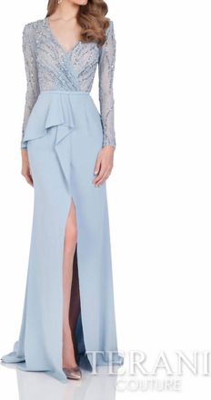 Terani Couture Long Sleeve Wrap Trumpet Skirt Gown In Powder Blue