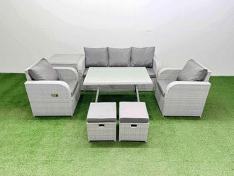 Fimous Reclining Chair 3 Seat Sofa Set Garden Furniture Set with Dining Table in Light Grey
