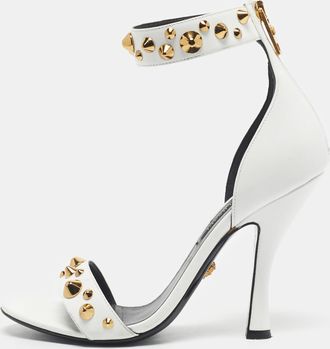 Versace White Leather Studded Ankle Strap Sandals