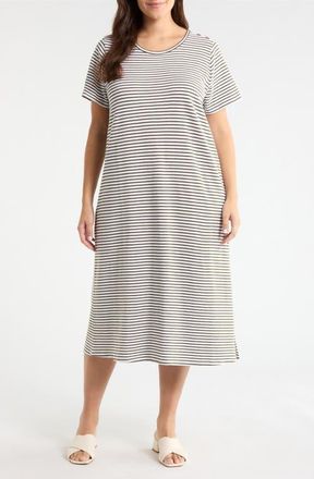 Eileen Fisher Stripe T-Shirt Midi Dress in Olive at Nordstrom, Size 2X