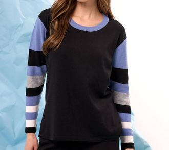 French Kyss Color Block Sleeve Scoop Neck Tee In Black/denim