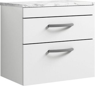 Nuie Athena Wall Hung 2-Drawer Vanity Unit with Carrera Marble Worktop 600mm Wide - Gloss White - Nuie