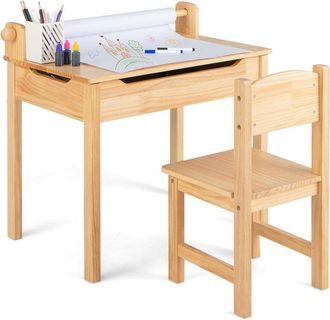 Costway Costway Juego De Mesa Y Silla Infantil De Madera, Mesa De Actividades Para Ni&ntilde;os Con Silla, Escritorio Infantil Con Soporte Para Rollo De Papel Para D