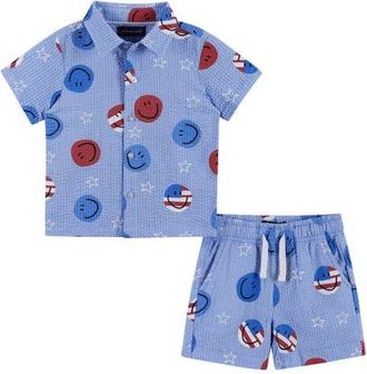 Andy & Evan Print Cotton Seersucker Button-Up Shirt & Shorts Set in Blue America at Nordstrom, Size 12-18M
