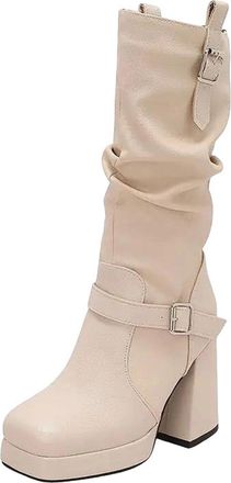 Generic Womens Retro Mid Calf Boots Round Toe Super High Thick Heel Platform With Easy Slip On Design Casual Tall Booties