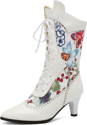 Generic Womens Lace Up Vintage Victorian Boots Pointed Toe PU Leather Short Boots Kitten Heel Mid-Calf Boot with Embroidery Stitched,White,9.5 UK