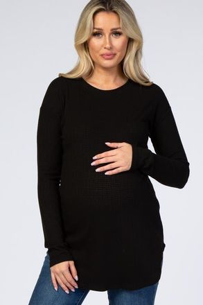 Pinkblush Long Sleeve Round Hem Textured Top in Black at Nordstrom, Size Medium