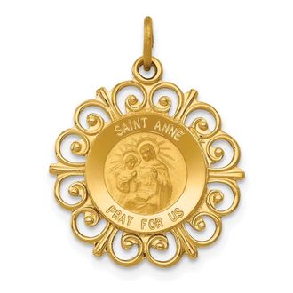 Diamond2Deal 14k Yellow Gold and Satin Solid Saint Anne Medal Scalloped Edge Charm Pendant