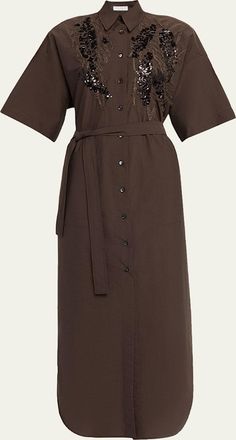 Brunello Cucinelli Sequin Embroidered Cotton Poplin Midi Shirtdress