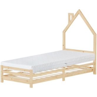 ML Design Ml-design - Letto per Bambini 90x200 cm in Legno di Pino Naturale con Testiera a Forma di Casetta, Materasso 16 cm e Rete a Doghe, Letto Singolo