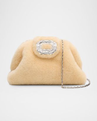 Amina Muaddi Camelia Shearling Crystal Buckle Clutch Bag