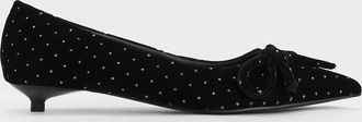 Charles & Keith Velvet Dotted Bow Pointed-Toe Kitten-Heel Pumps