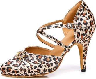 Minitoo Womens Latin Salsa Ankle Strap Closed Toe Satin Dance Shoes L117B Leopard UK 6