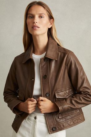 Reiss Hanson Trucker Jacket Leather Plain, Chocolate Size: 6