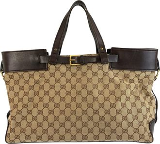 Gucci Beige Brown Canvas Leather Handbag Tote Bag (Pre-Owned)